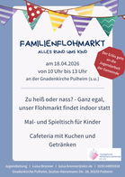 Familienflohmarkt - alles rund ums Kind. Am 18.04.26 von 10 bis 13 Uhr an der Ev. Gnadenkirche Pulheim (Gustav-Heinemann-Str. 28 50259 Pulheim).